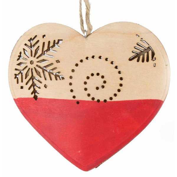 Χριστουγεννιάτικη Κρεμαστή Ξύλινη Καρδιά Κόκκινη - Μπεζ, 3D με Χιονονιφάδα και Σχέδια (10cm)